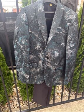 Men's Black & Teal Marble-Print Blazer